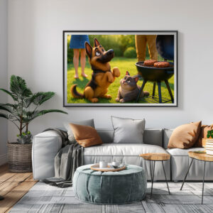 Poster: Zwei Freunde beim grillen - Schäferhund und Kater
