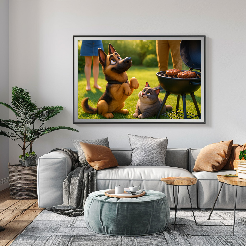 Poster: Zwei Freunde beim grillen - Schäferhund und Kater