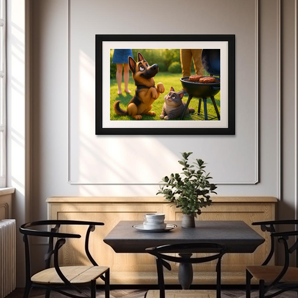 Poster: Zwei Freunde beim grillen - Schäferhund und Kater – Bild 3