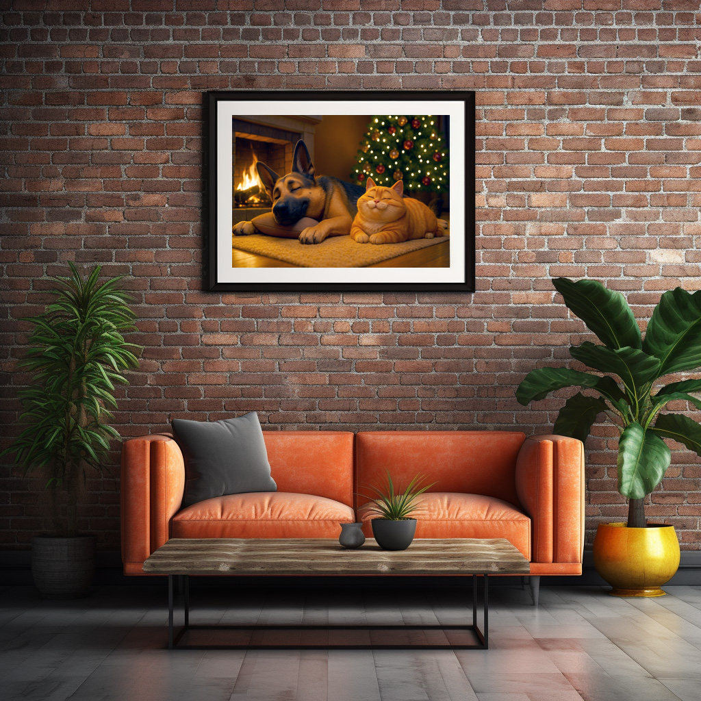 Poster: Schäferhund und Kater genießen die Feiertage am Kamin – Image 2