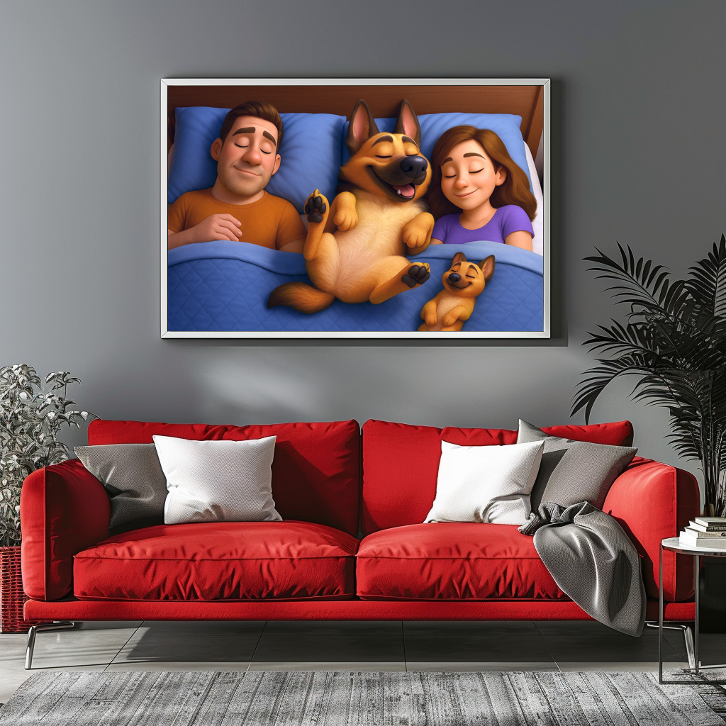 Poster: Schäferhund im Bett mit seiner Familie