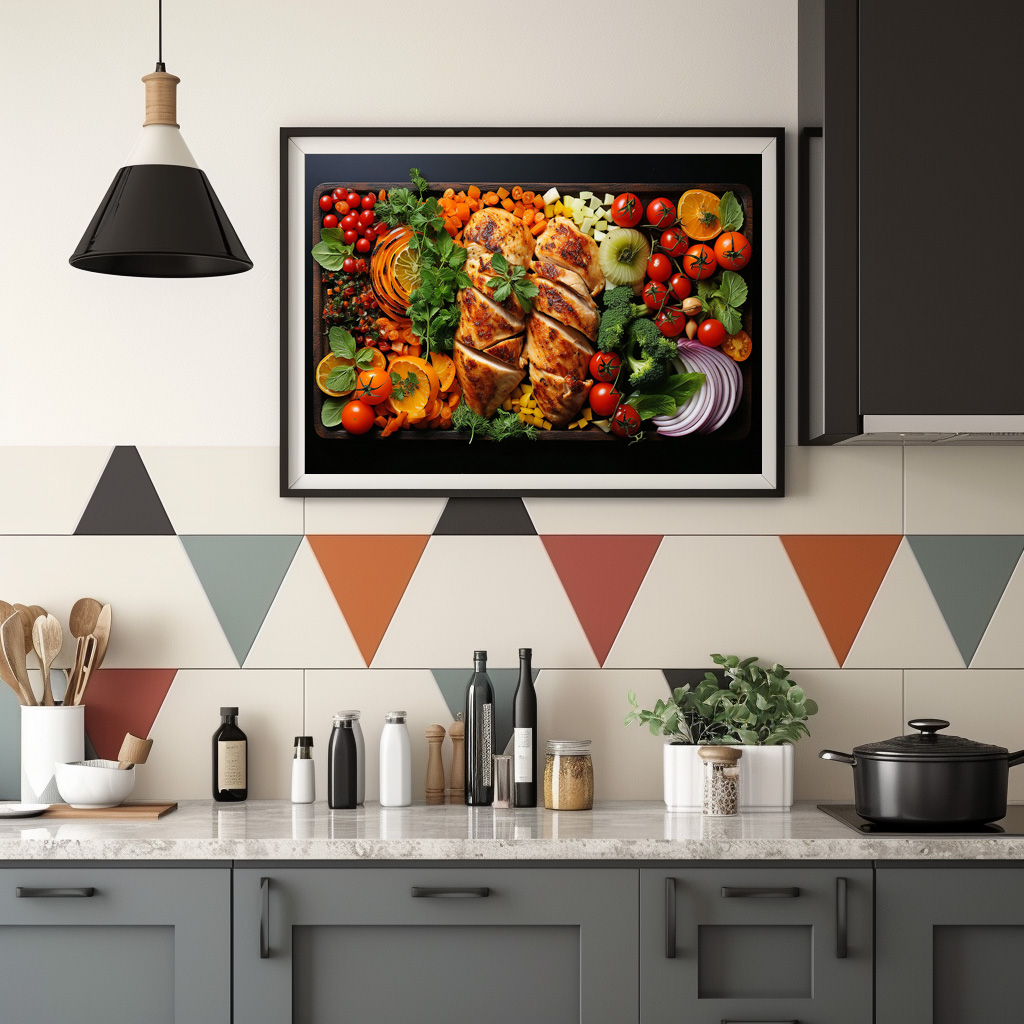 Poster: Arrangement mit Hühnchen Fleisch und Gemüse