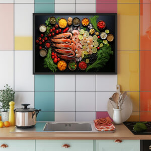 Poster: Arrangement mit Shrimps und Gemüse