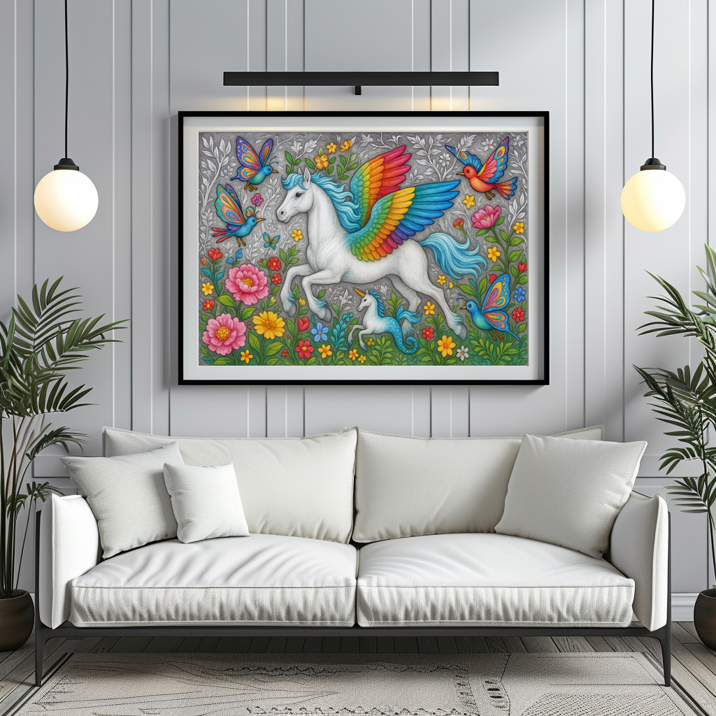 Poster: Regenbogenpegasus und Kristallvögel - mystische Wesen