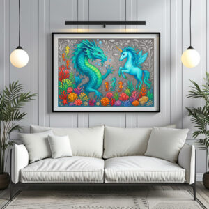 Poster: Wasserdrache und Seepferdchen-Einhorn - Wesen der Mystik