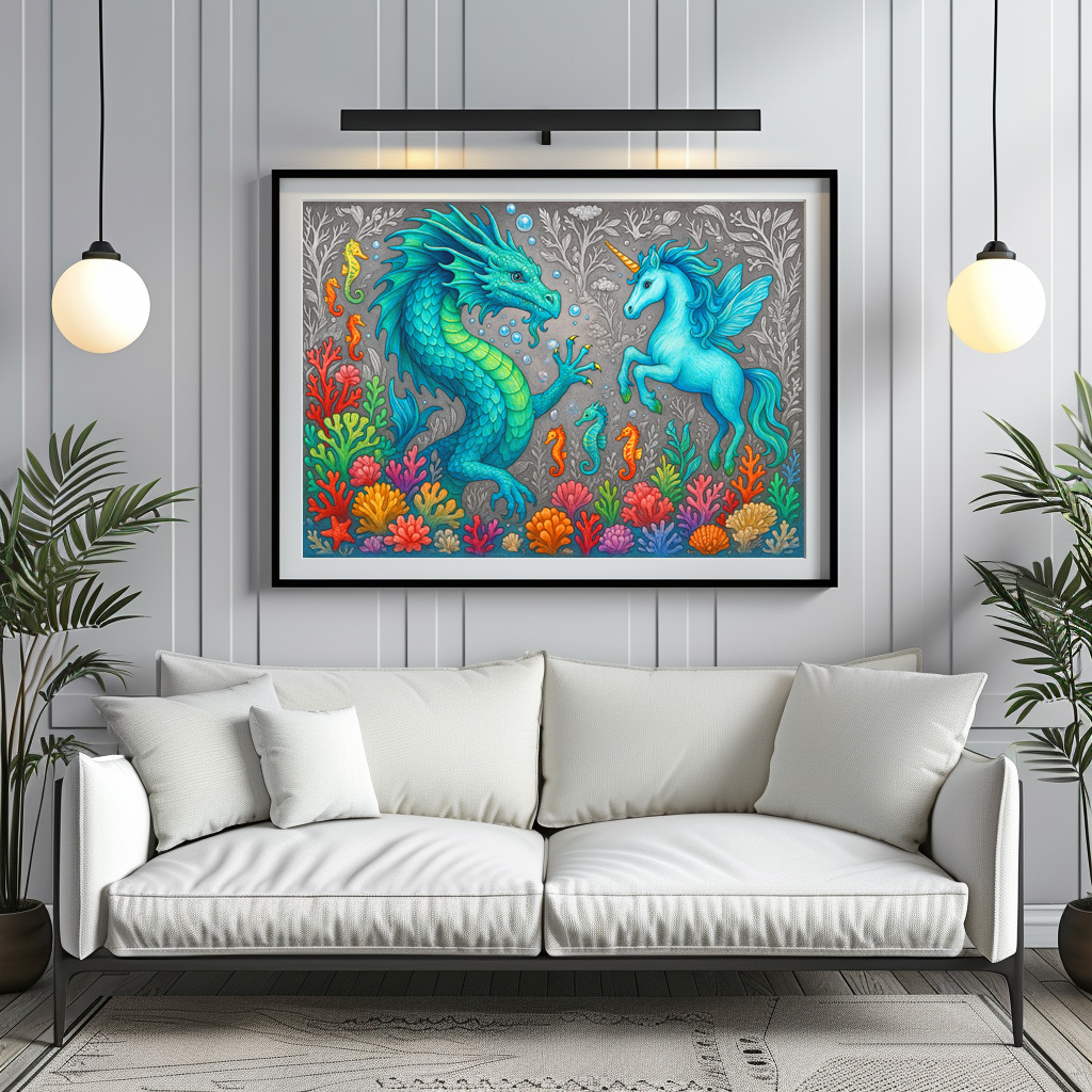 Poster: Wasserdrache und Seepferdchen-Einhorn - Wesen der Mystik