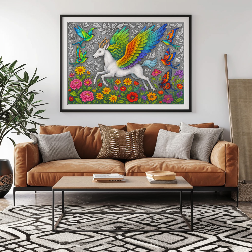 Poster: Pegasushirsch und Schmetterlingsvögel - mystische Wesen