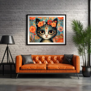 Poster: Fröhliche Katzenkunst Im Stil von Frieda Kahlo