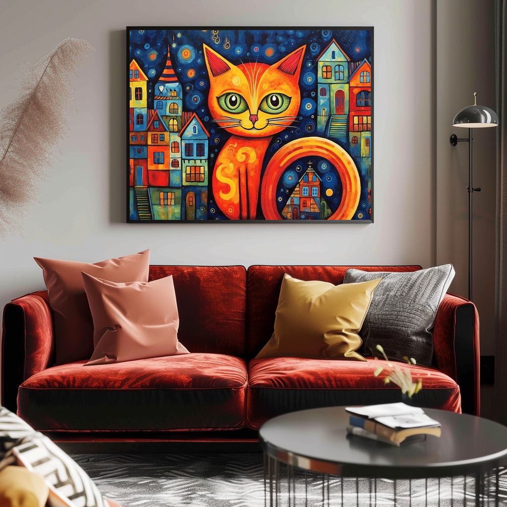 Poster: Fröhliche Katzenkunst Im Stil von Friedensreich Hundertwasser