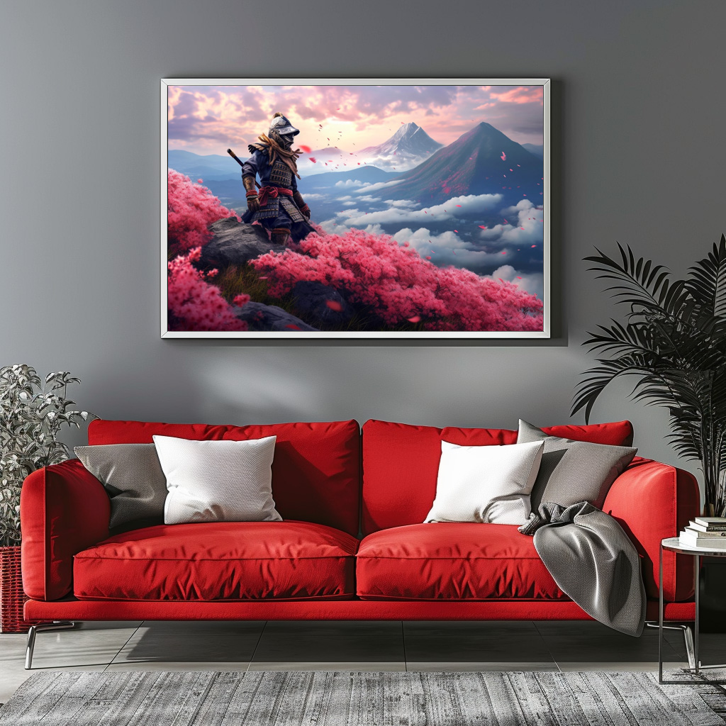 Poster: Samurai Krieger in Rüstung in den Bergen