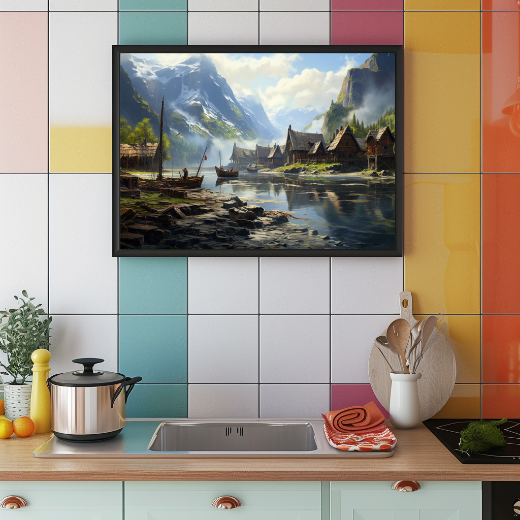 Poster: Wikingerdorf mit Booten am Fluss