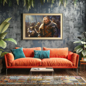 Poster: Germanischer Mann mit Wolf und Kämpfern