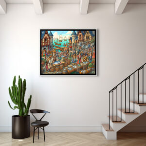 Poster: Fischmarkt im Mittelalter - Wimmelbild um den frischen Fisch