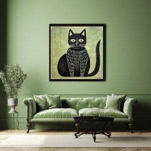 Poster: Black Folk Cat on Sage Green