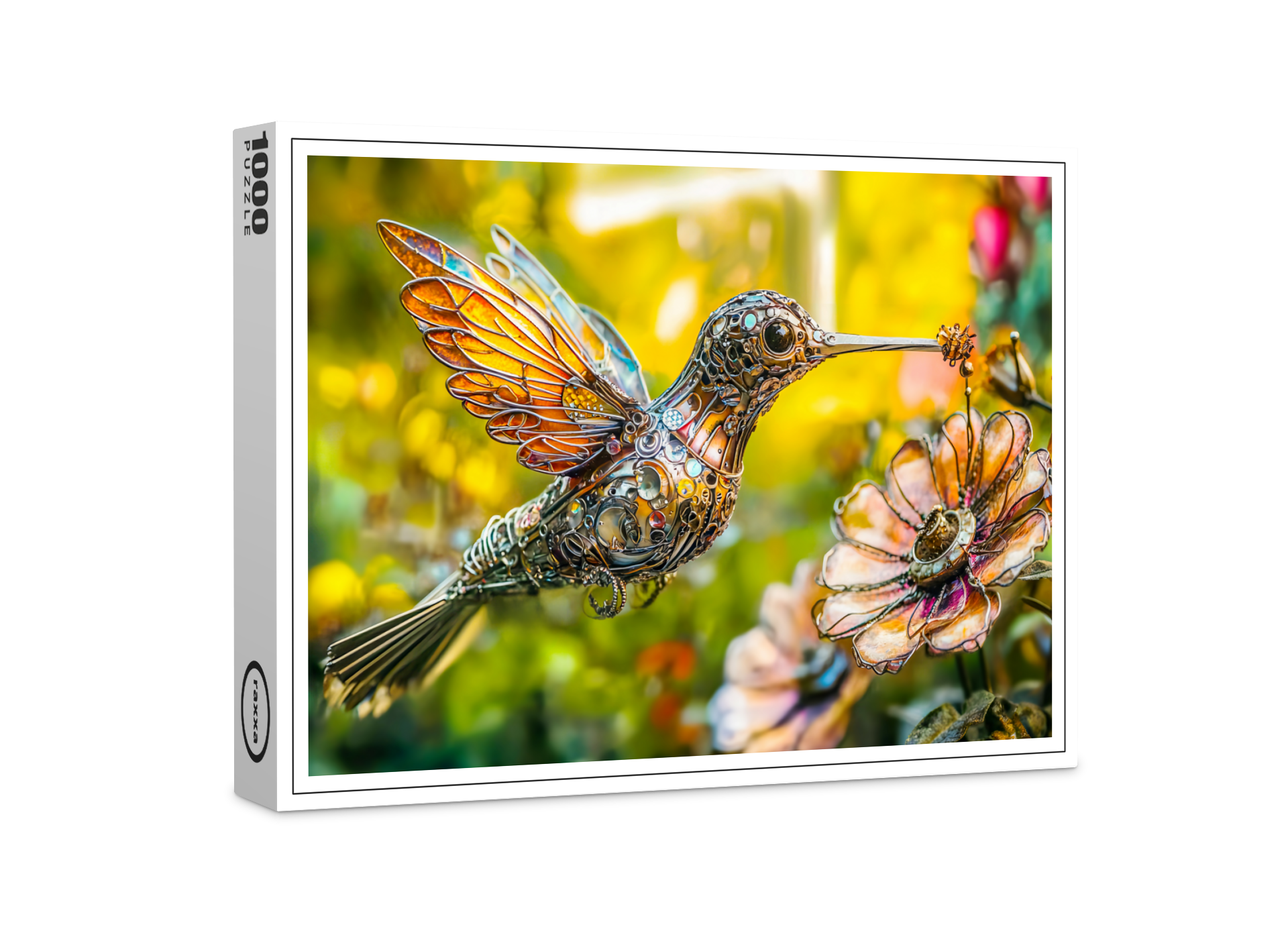 raxxa Premium-Puzzle: Metal Hummingbird in Flight on flower