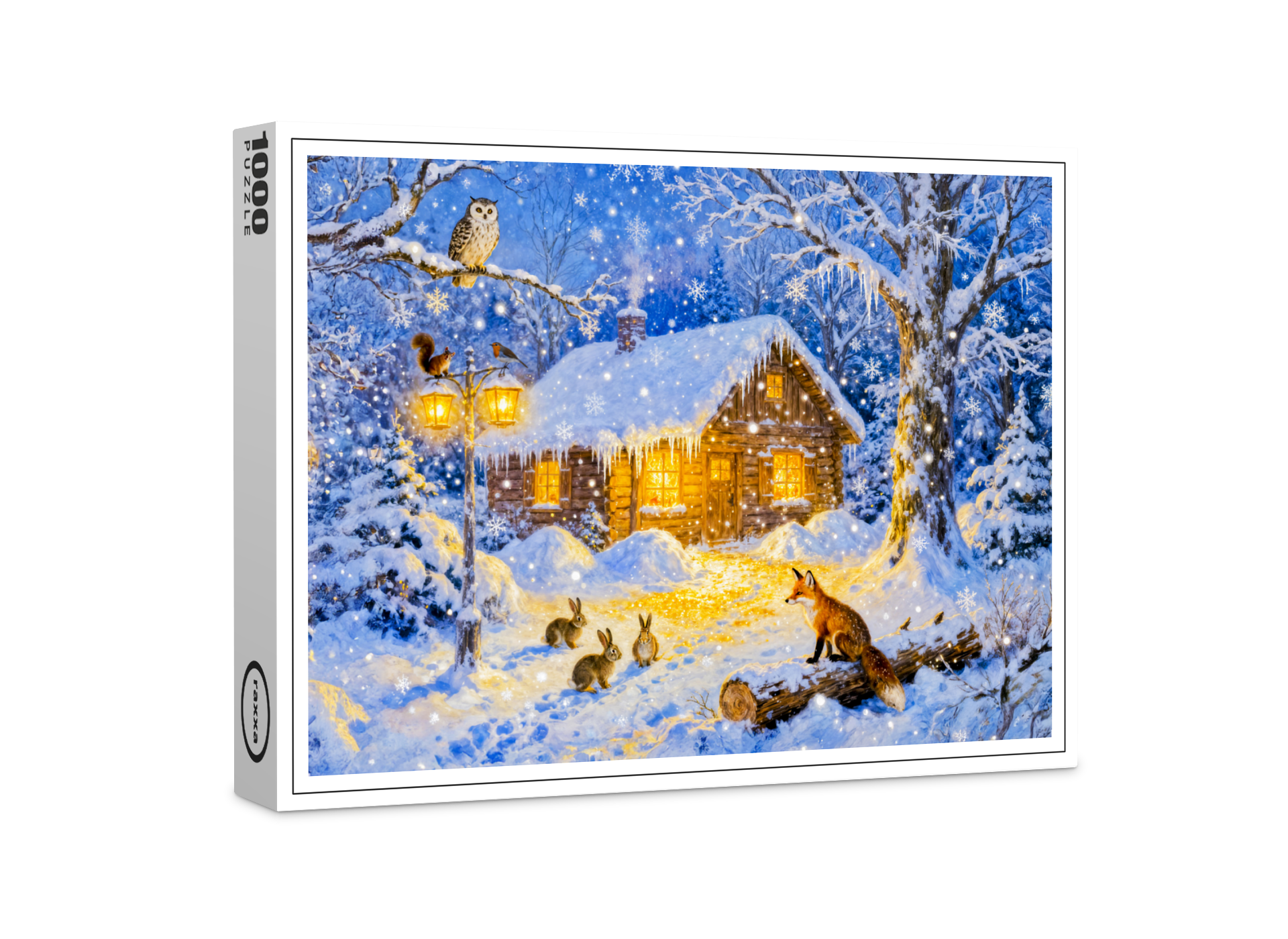 raxxa Premium-Puzzle: Winter Forest Cottage with Woodland Animals