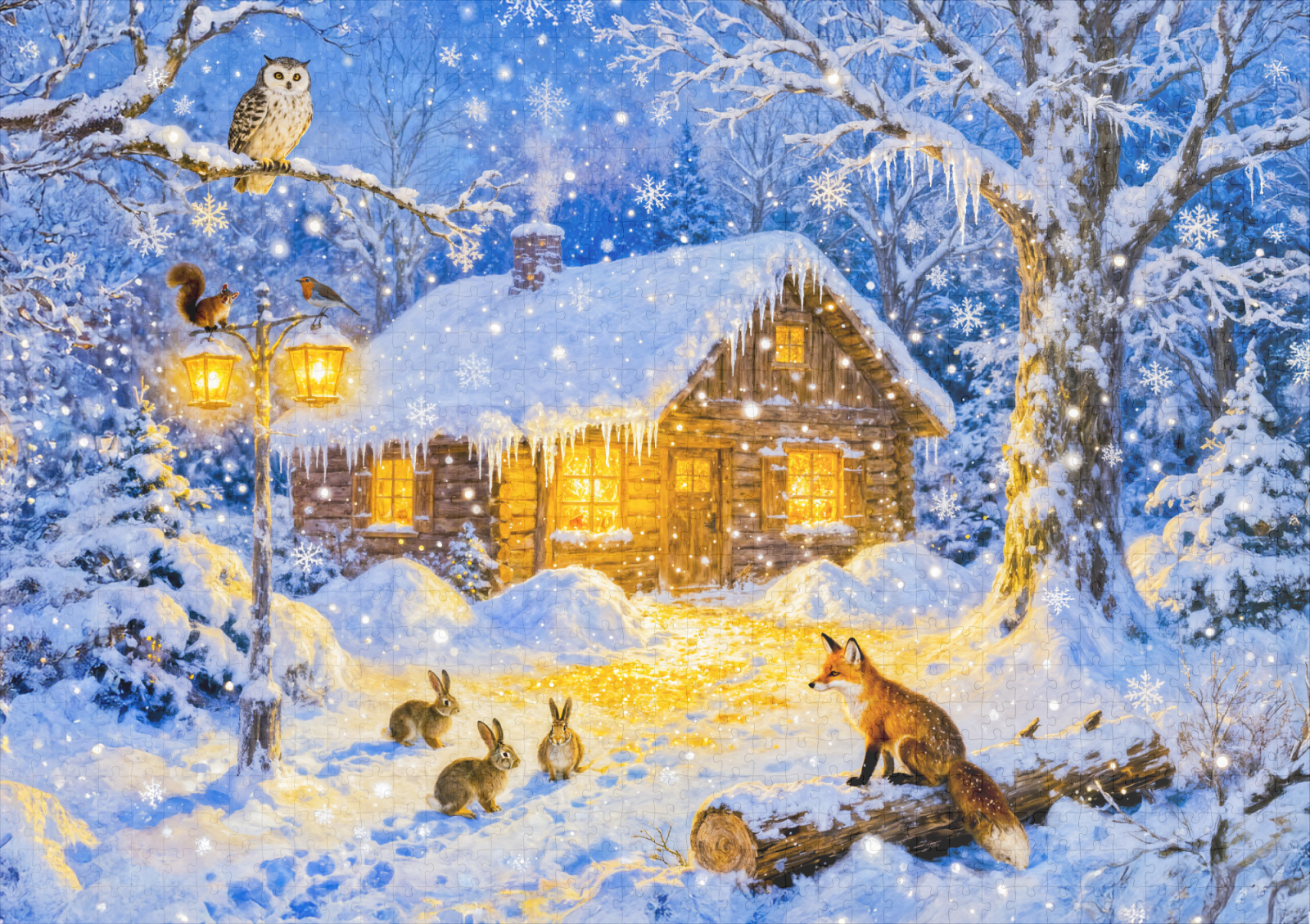 raxxa Premium-Puzzle: Winter Forest Cottage with Woodland Animals – Bild 2