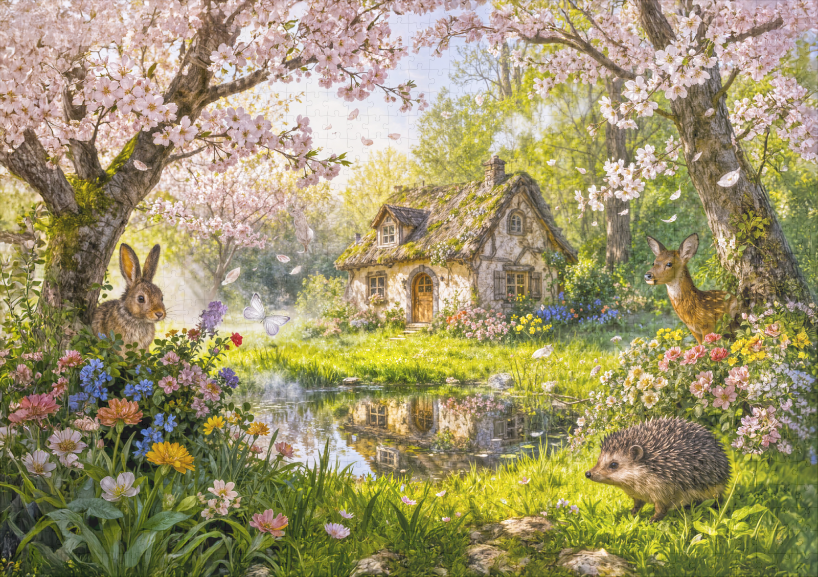 raxxa Premium-Puzzle: Cherry Blossom Cottage by the Garden Pond – Image 2