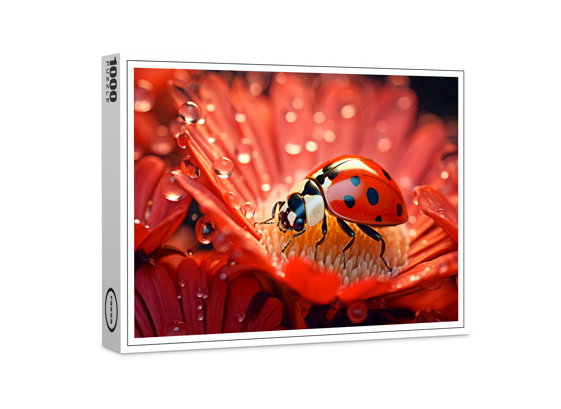 raxxa Premium-Puzzle: ladybug delicately exploring the intricate patterns of a blooming flower petal
