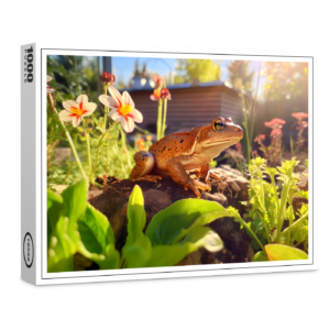 raxxa Premium-Puzzle: satisfied frog perched on a garden bed