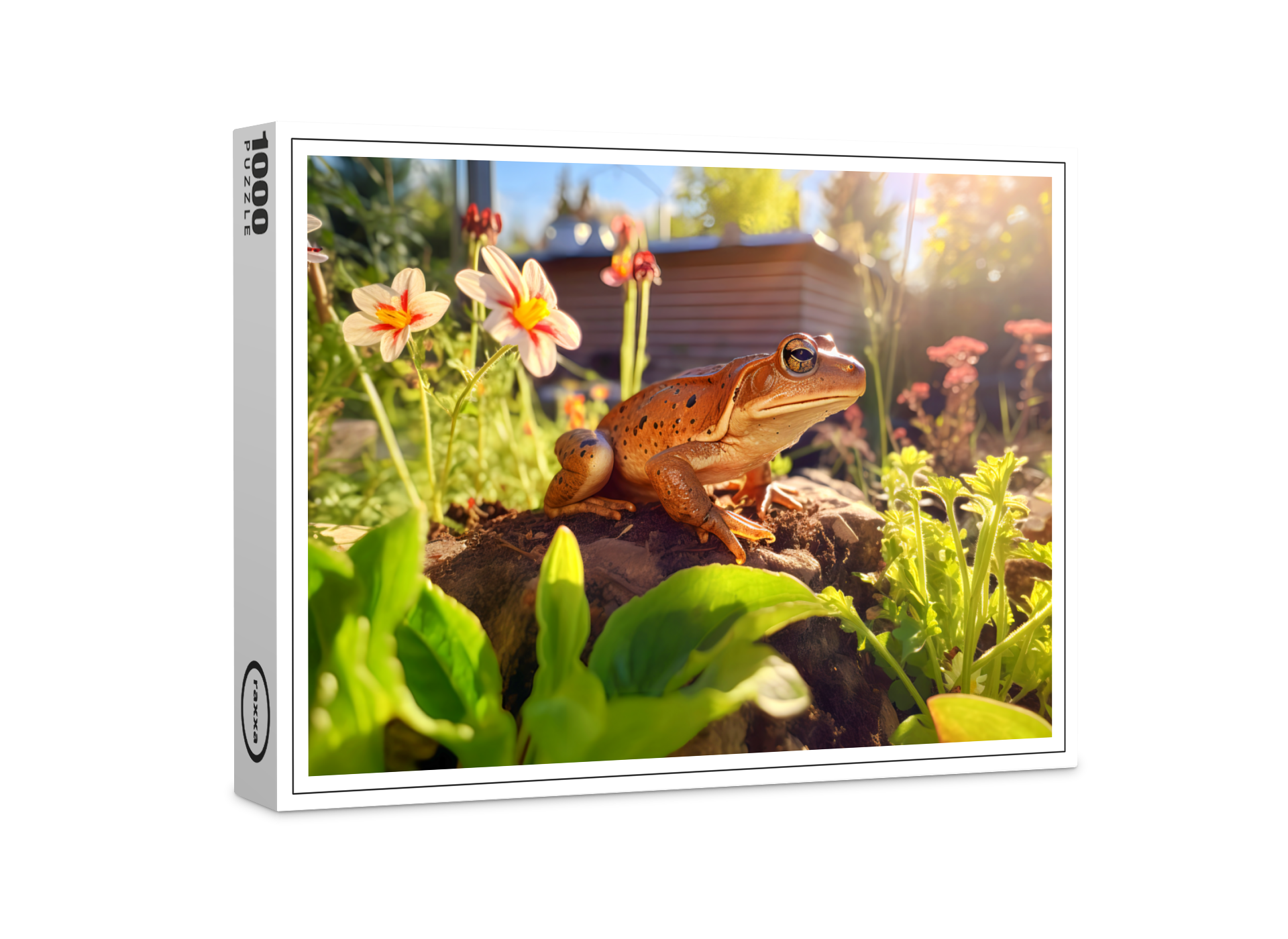 raxxa Premium-Puzzle: satisfied frog perched on a garden bed
