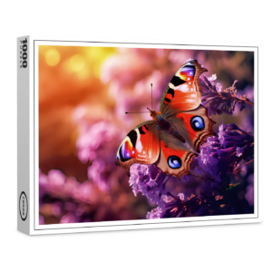 raxxa Premium-Puzzle: majestic peacock butterfly gracefully landing amidst a purple lilac