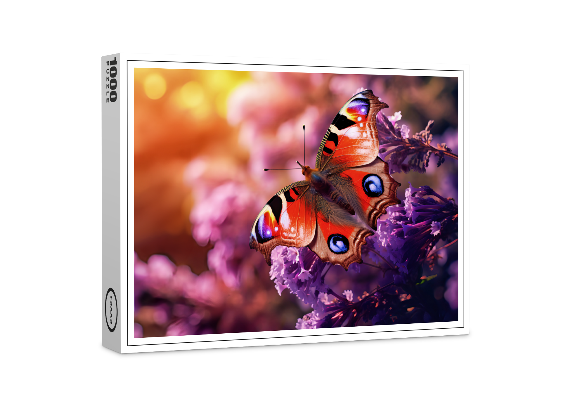 raxxa Premium-Puzzle: majestic peacock butterfly gracefully landing amidst a purple lilac
