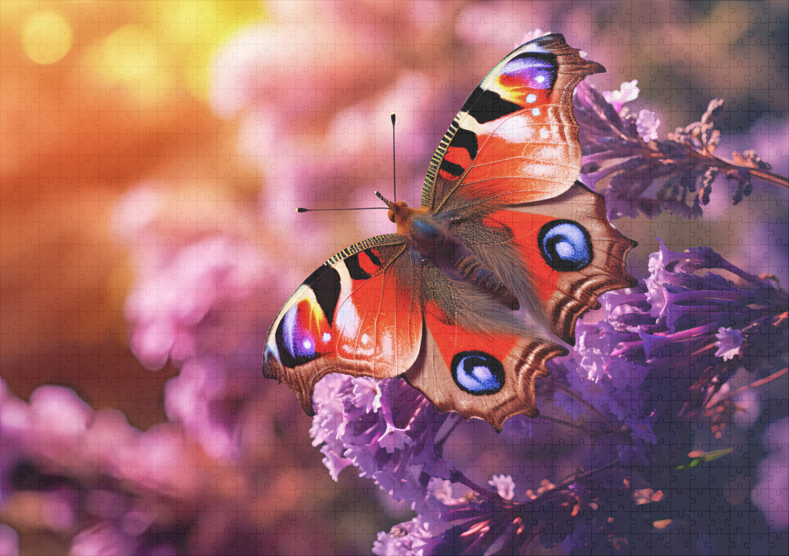 raxxa Premium-Puzzle: majestic peacock butterfly gracefully landing amidst a purple lilac – Bild 2