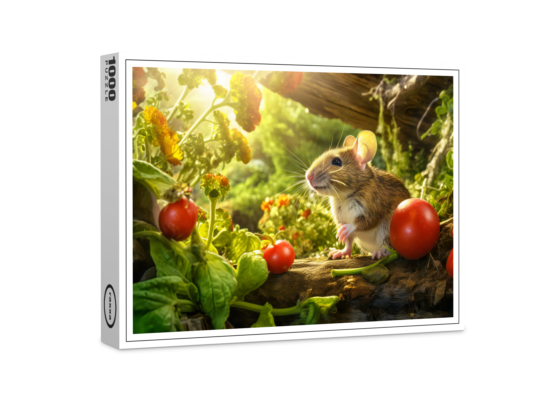 raxxa Premium-Puzzle: Little mouse in the backyard of garden between tomatos sitting in sun.