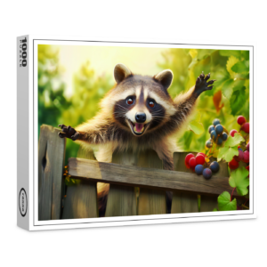 raxxa Premium-Puzzle: raccoon skillfully scaling a garden fence