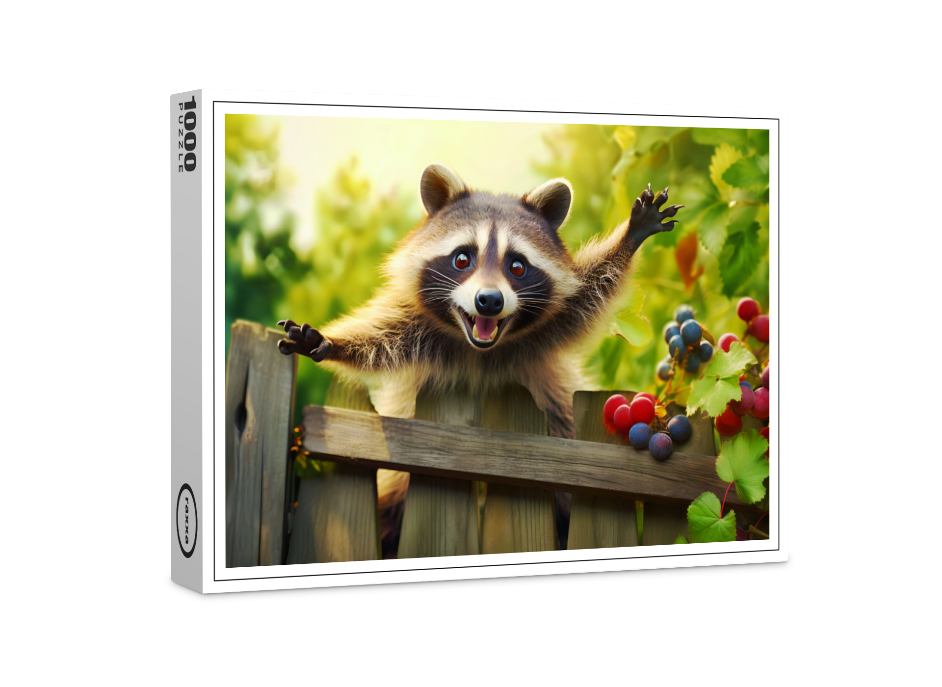 raxxa Premium-Puzzle: raccoon skillfully scaling a garden fence
