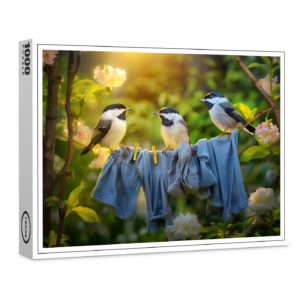 raxxa Premium-Puzzle: Young bird great tits sitting in laundry line in garden.