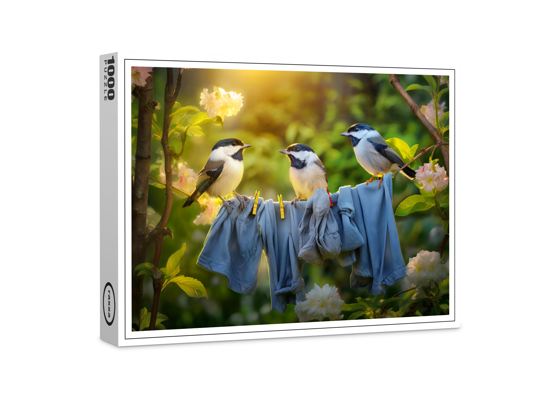 raxxa Premium-Puzzle: Young bird great tits sitting in laundry line in garden.