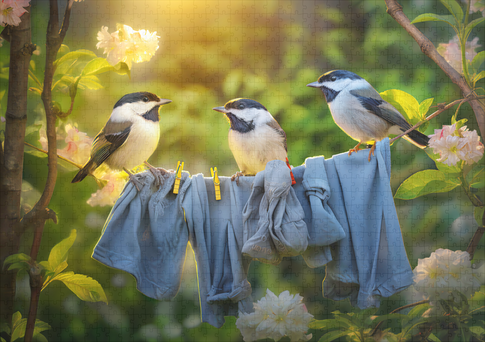 raxxa Premium-Puzzle: Young bird great tits sitting in laundry line in garden. – Bild 2