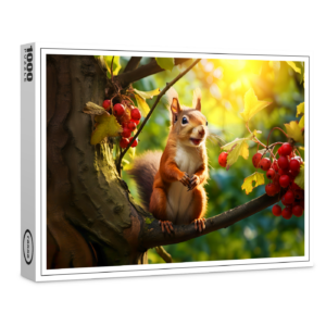 raxxa Premium-Puzzle: curious squirrel perched on a branch, nibbling on a freshly fruits