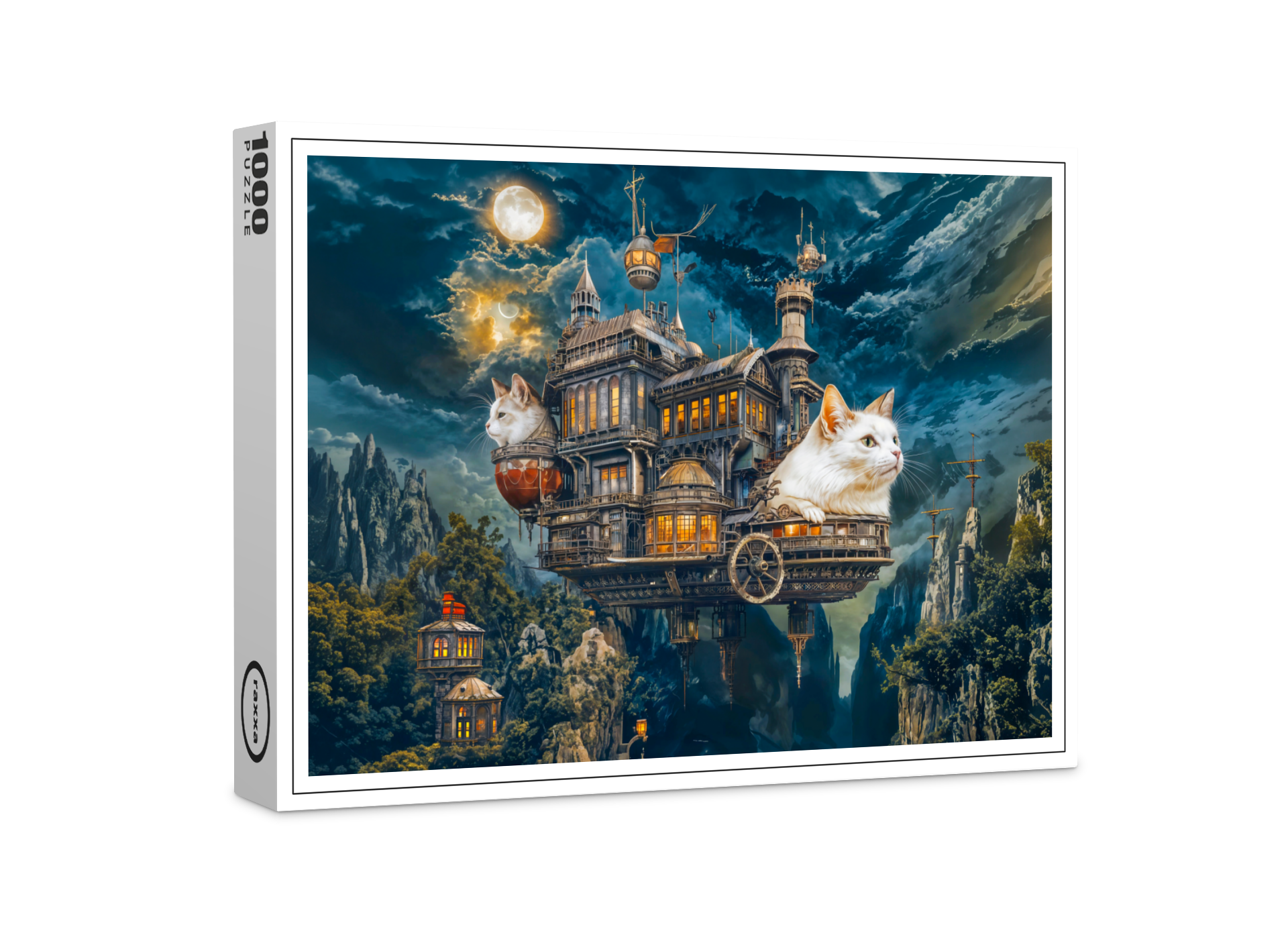 raxxa Premium-Puzzle: Flying castle cats Steampunk night