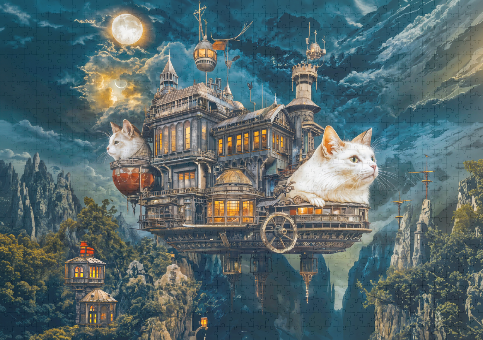 raxxa Premium-Puzzle: Flying castle cats Steampunk night – Bild 2