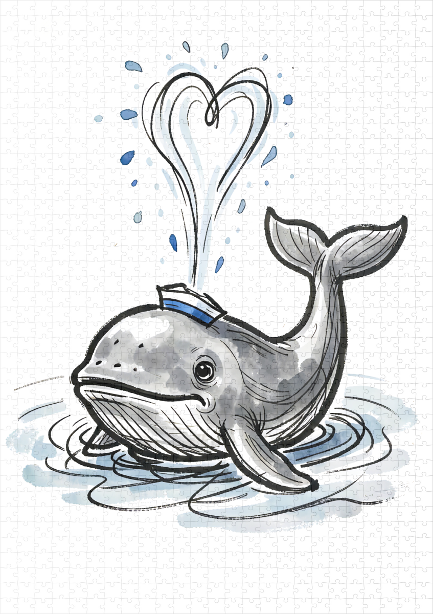 raxxa Premium-Puzzle: Joyful Whale Spraying Heart Fountain Marine Ink Illustration - immagine 2