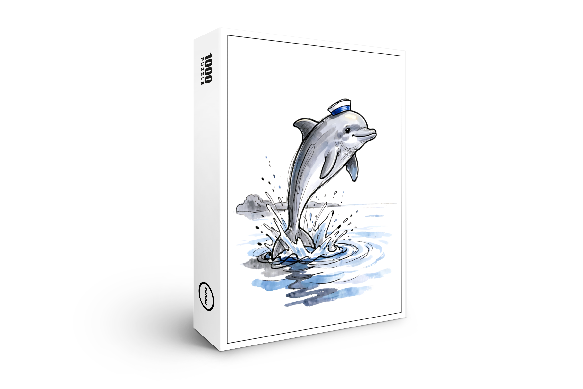 raxxa Premium-Puzzle: Playful Dolphin Leaping High in Marine Ink Illustration