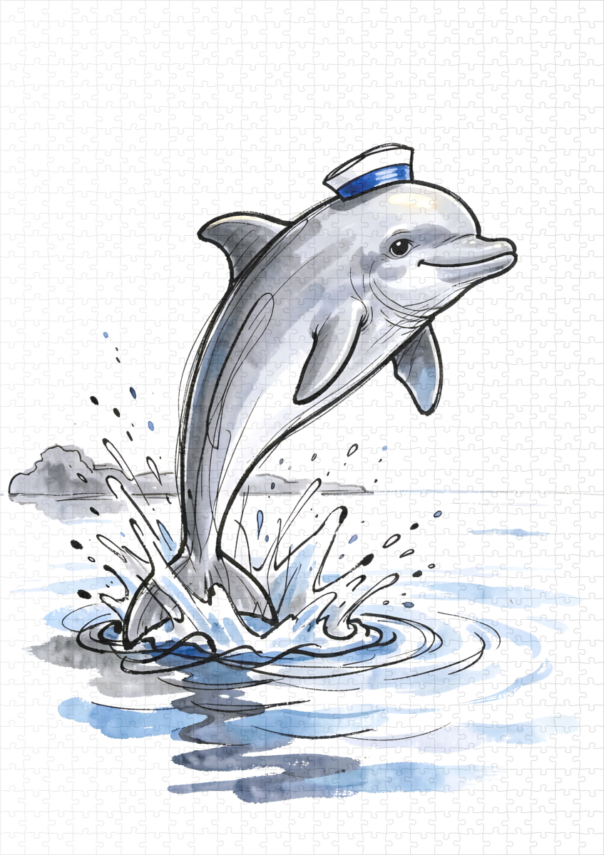 raxxa Premium-Puzzle: Playful Dolphin Leaping High in Marine Ink Illustration - immagine 2