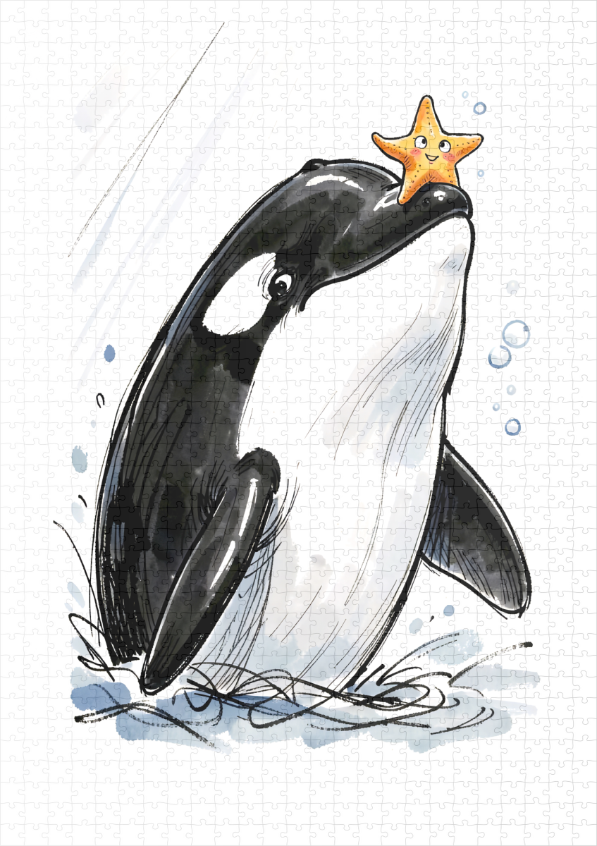 raxxa Premium-Puzzle: Orca Balancing Starfish Playfully Marine Ink Illustration - immagine 2