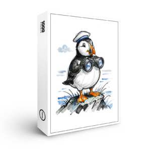 raxxa Premium-Puzzle: Puffin Scouting Horizon with Binoculars Ink Illustration