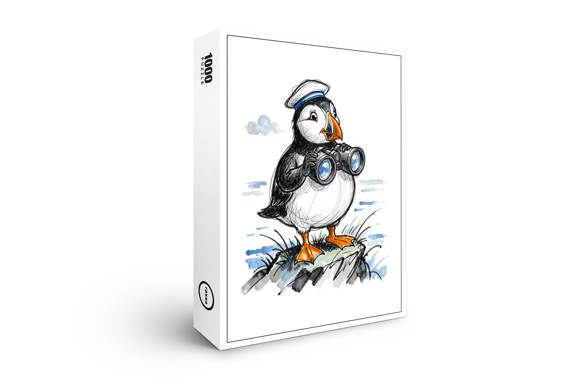 raxxa Premium-Puzzle: Puffin Scouting Horizon with Binoculars Ink Illustration