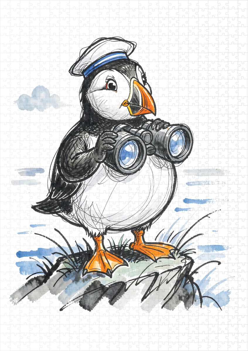 raxxa Premium-Puzzle: Puffin Scouting Horizon with Binoculars Ink Illustration - Imagen 2