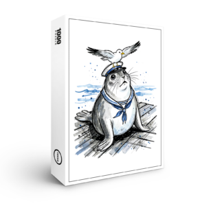 raxxa Premium-Puzzle: Harbor Seal with Seagull in Marine Ink Illustration