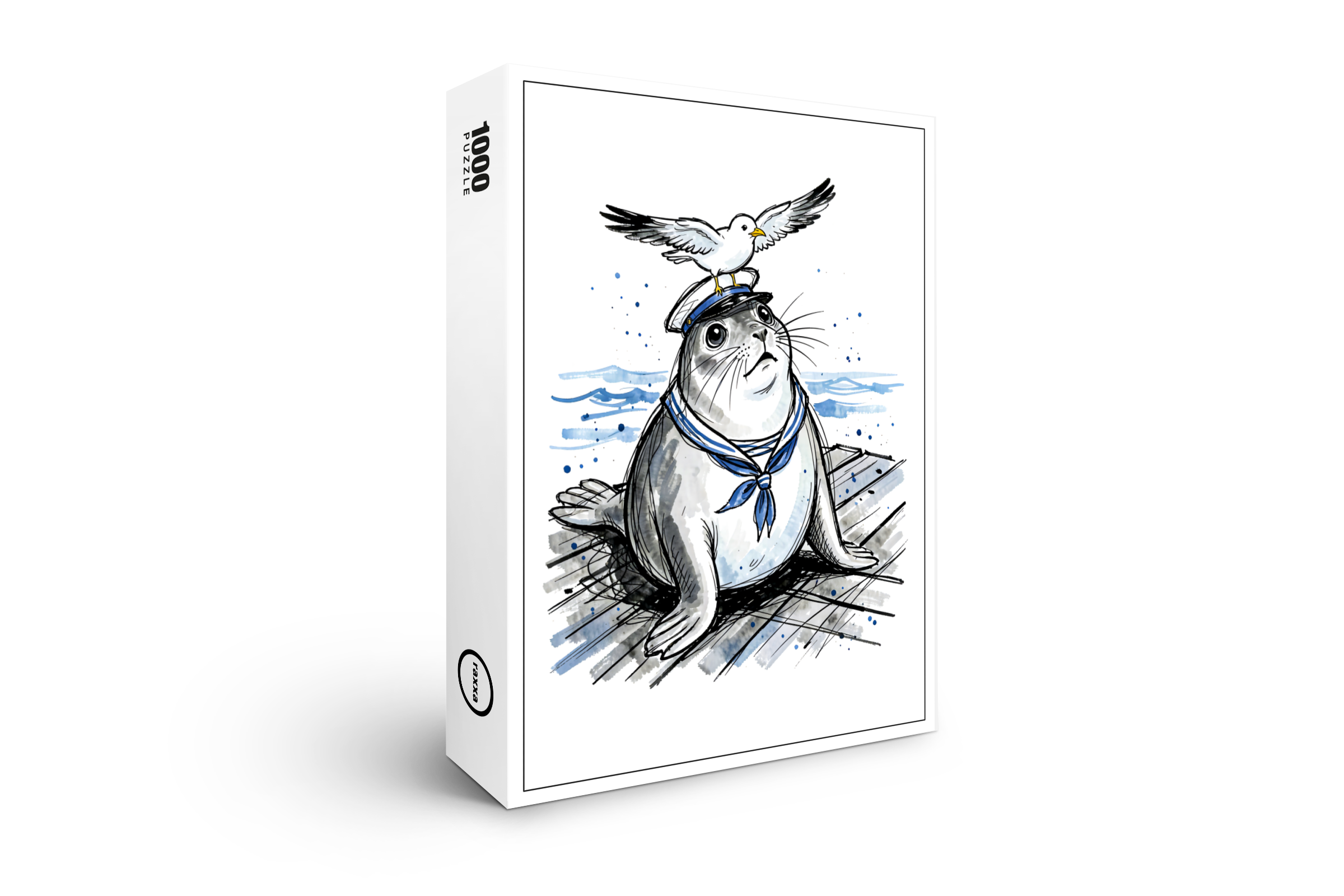 raxxa Premium-Puzzle: Harbor Seal with Seagull in Marine Ink Illustration