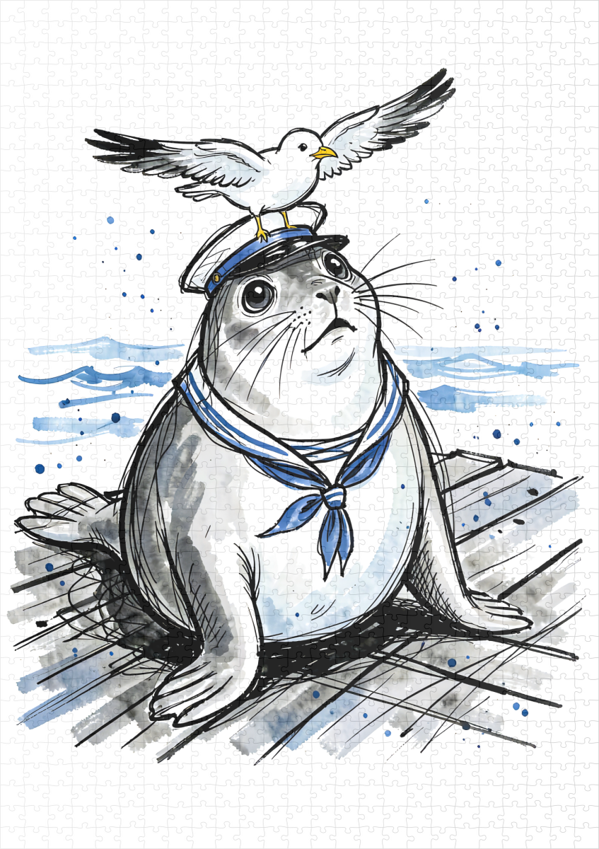 raxxa Premium-Puzzle: Harbor Seal with Seagull in Marine Ink Illustration – Bild 2