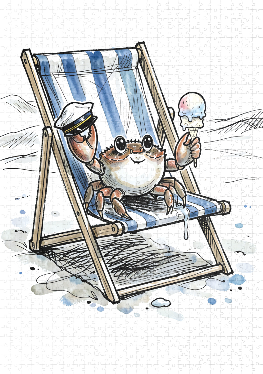 raxxa Premium-Puzzle: Relaxed Beach Crab Enjoying Ice Cream Ink Illustration - Imagen 2