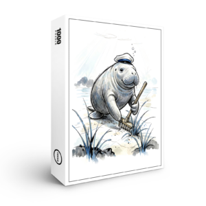 raxxa Premium-Puzzle: Manatee Gardening Coastal Meadow in Gentle Ink Illustration