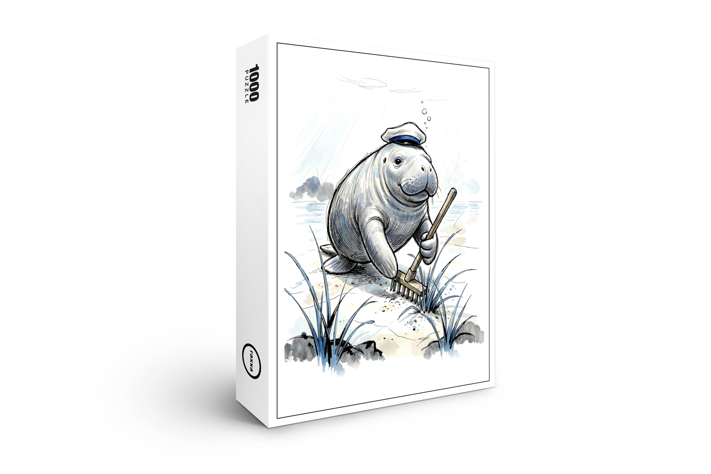 raxxa Premium-Puzzle: Manatee Gardening Coastal Meadow in Gentle Ink Illustration